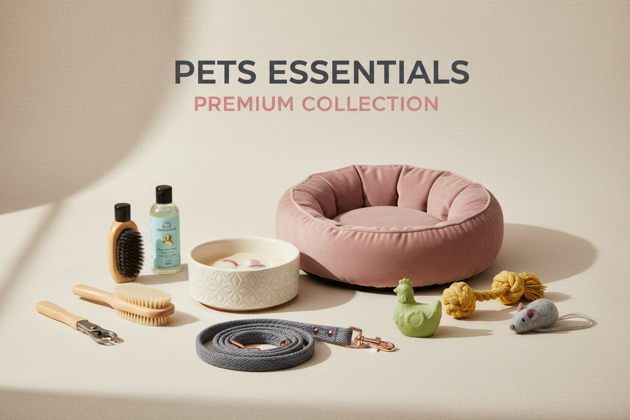 Pet essentials collection – grooming tools, health pads and pet care supplies