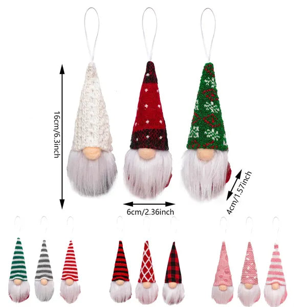 Set of small gnome figurines with different hats and patterns, shown with measurements on a white background.