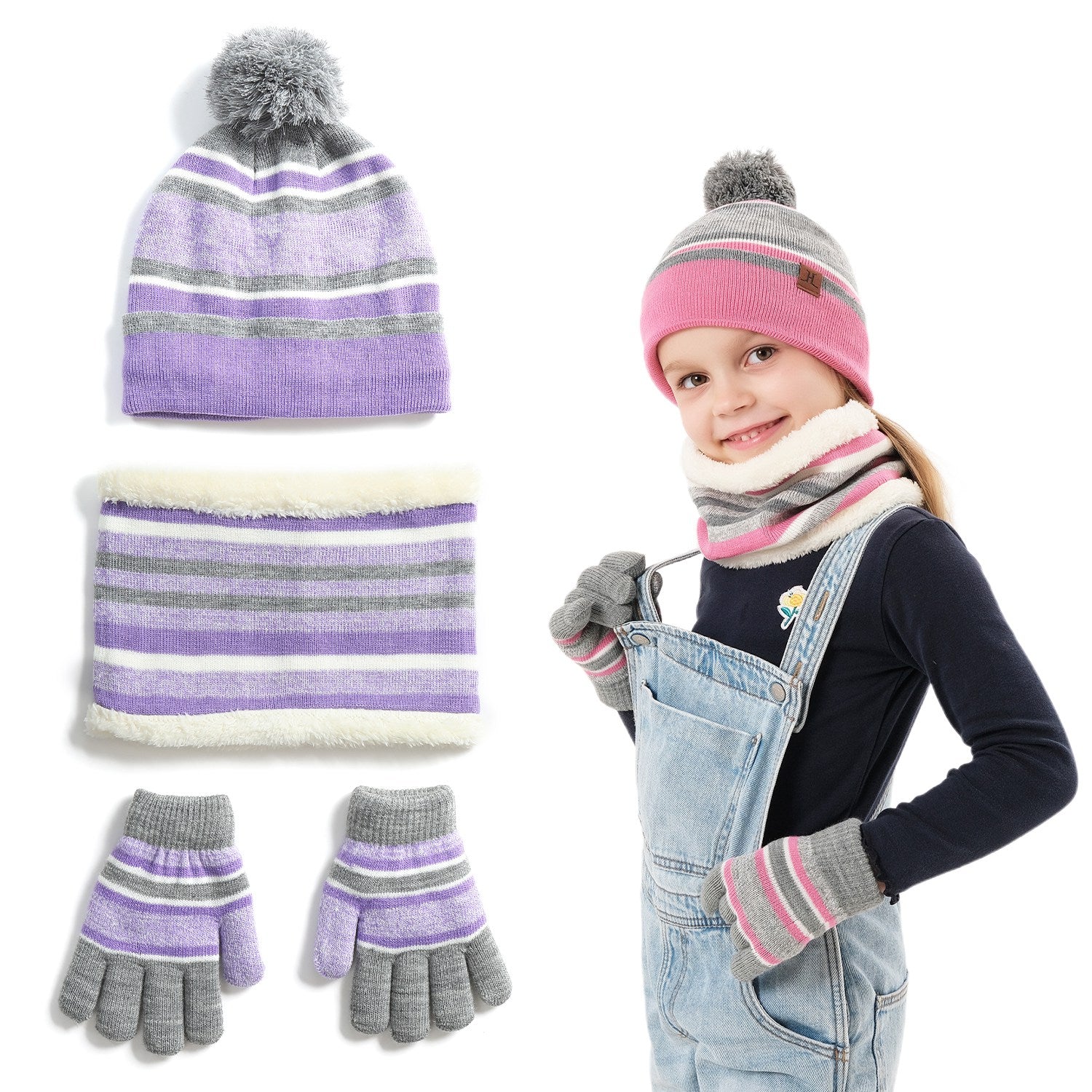 Kids winter hat scarf gloves set – warm knitted 3-piece winter accessories
