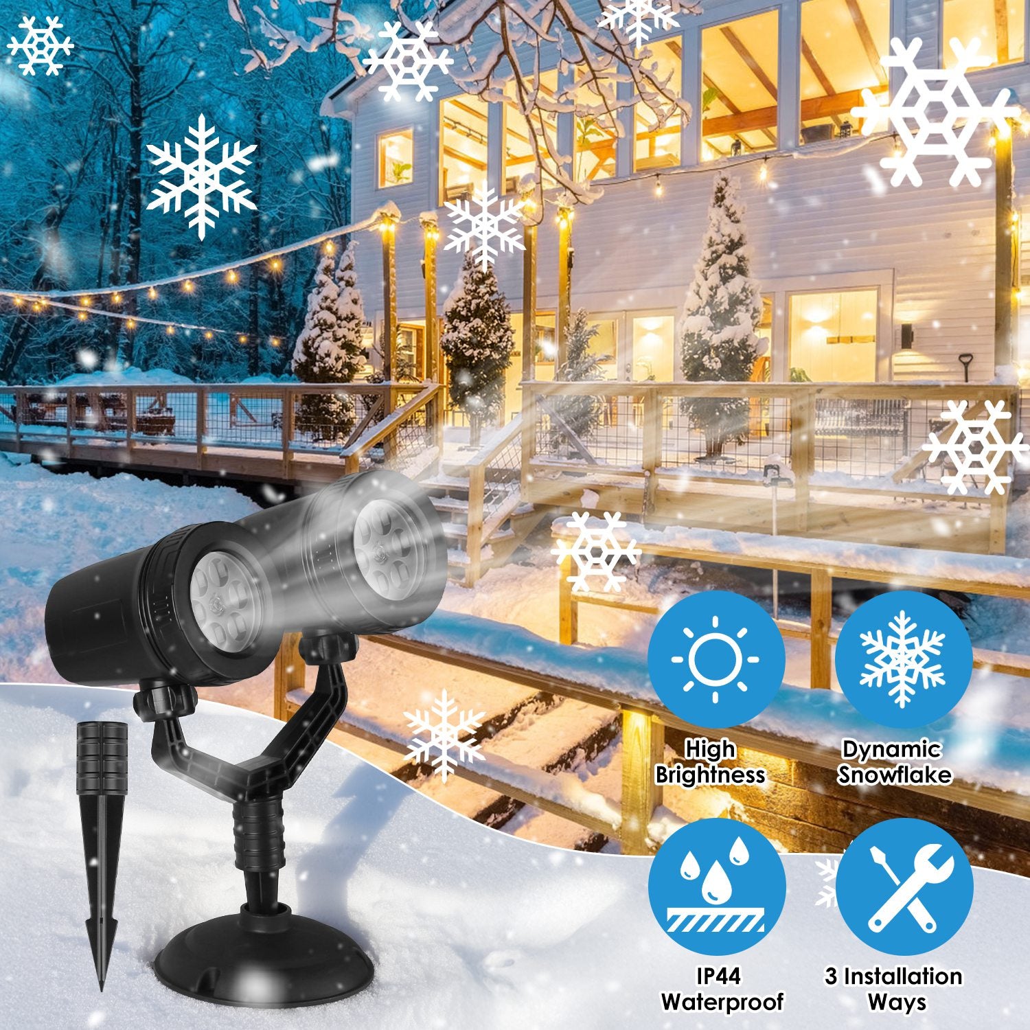 Outdoor Christmas light projector with snowflake effects on a snowy deck.