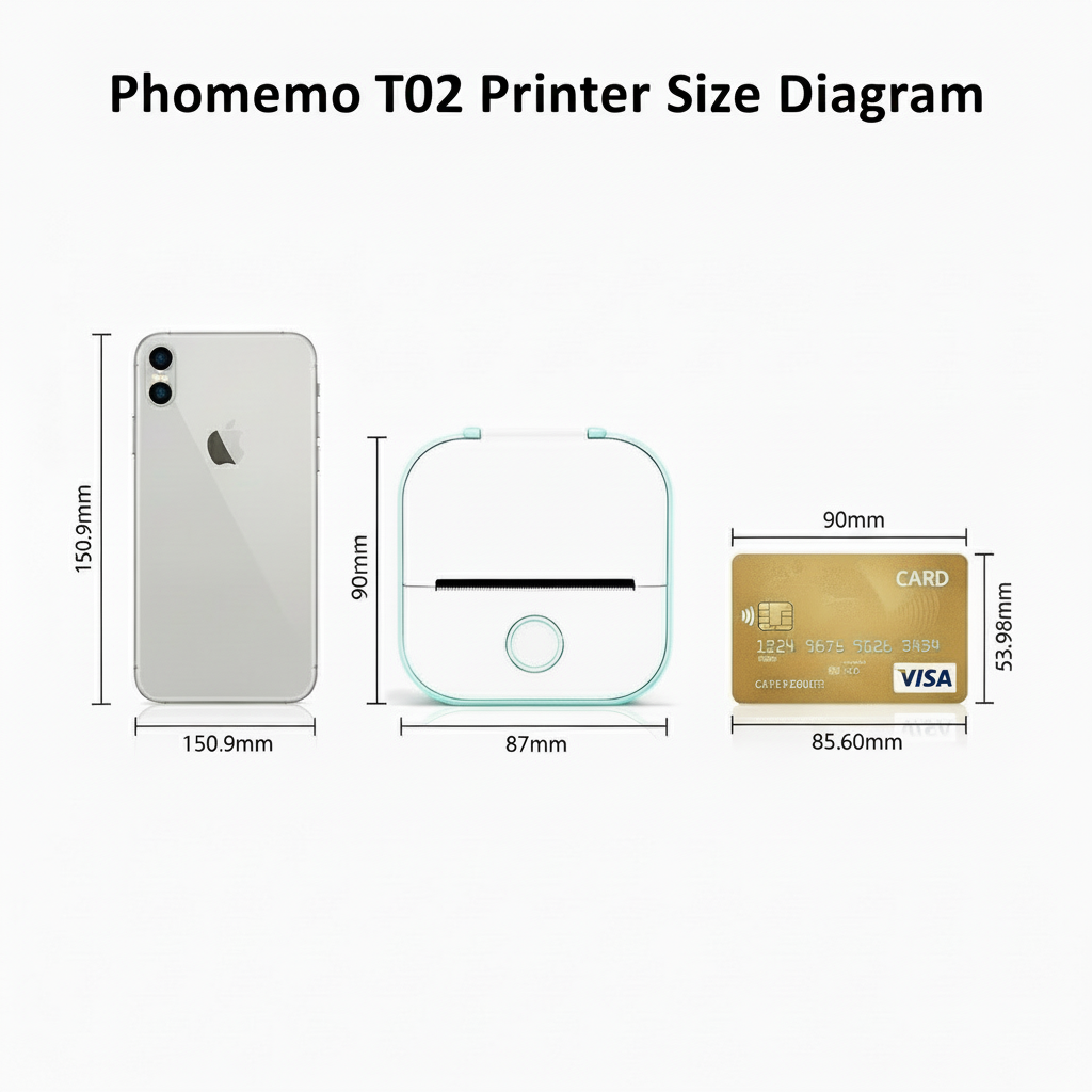 Measurement chart of a mini printer device with dimensions labeled