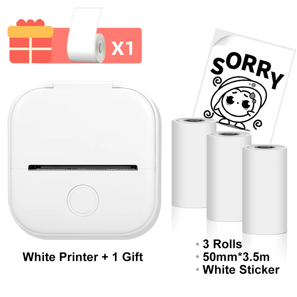 White mini printer with three rolls of white sticker