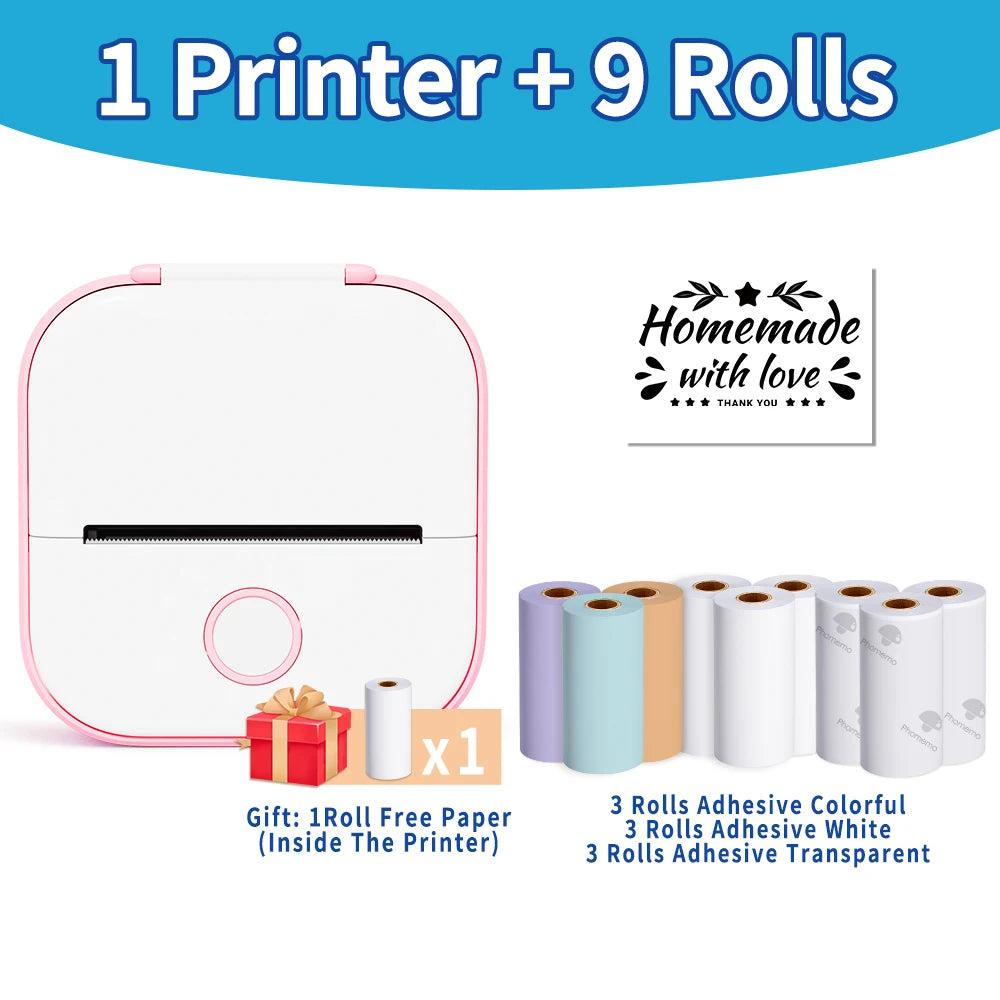 Phomemo T02 Mini Printer Bundle with 9 Thermal Paper Rolls – Sticker and Label Printing Set