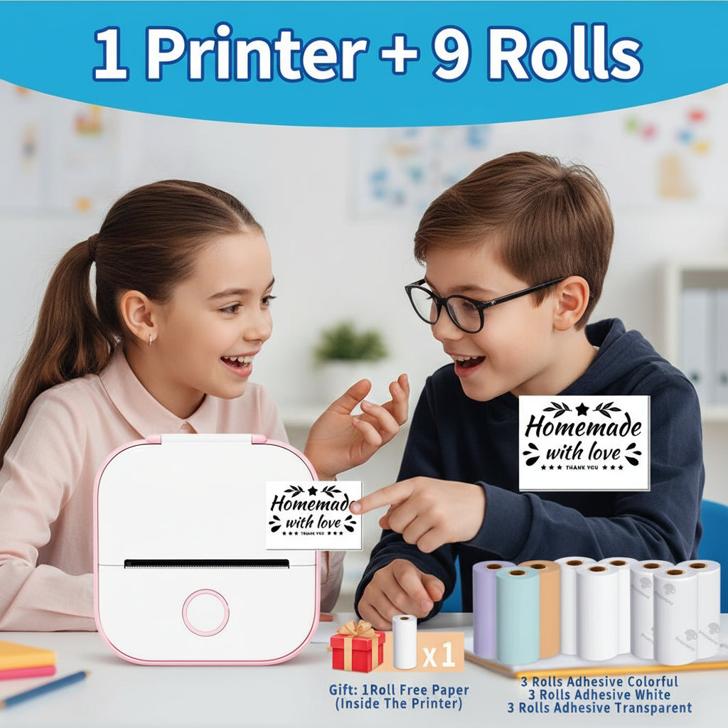 Phomemo pink T02 Mini Printer Bundle with 9 Thermal Paper Rolls – Sticker and Label Printing Set