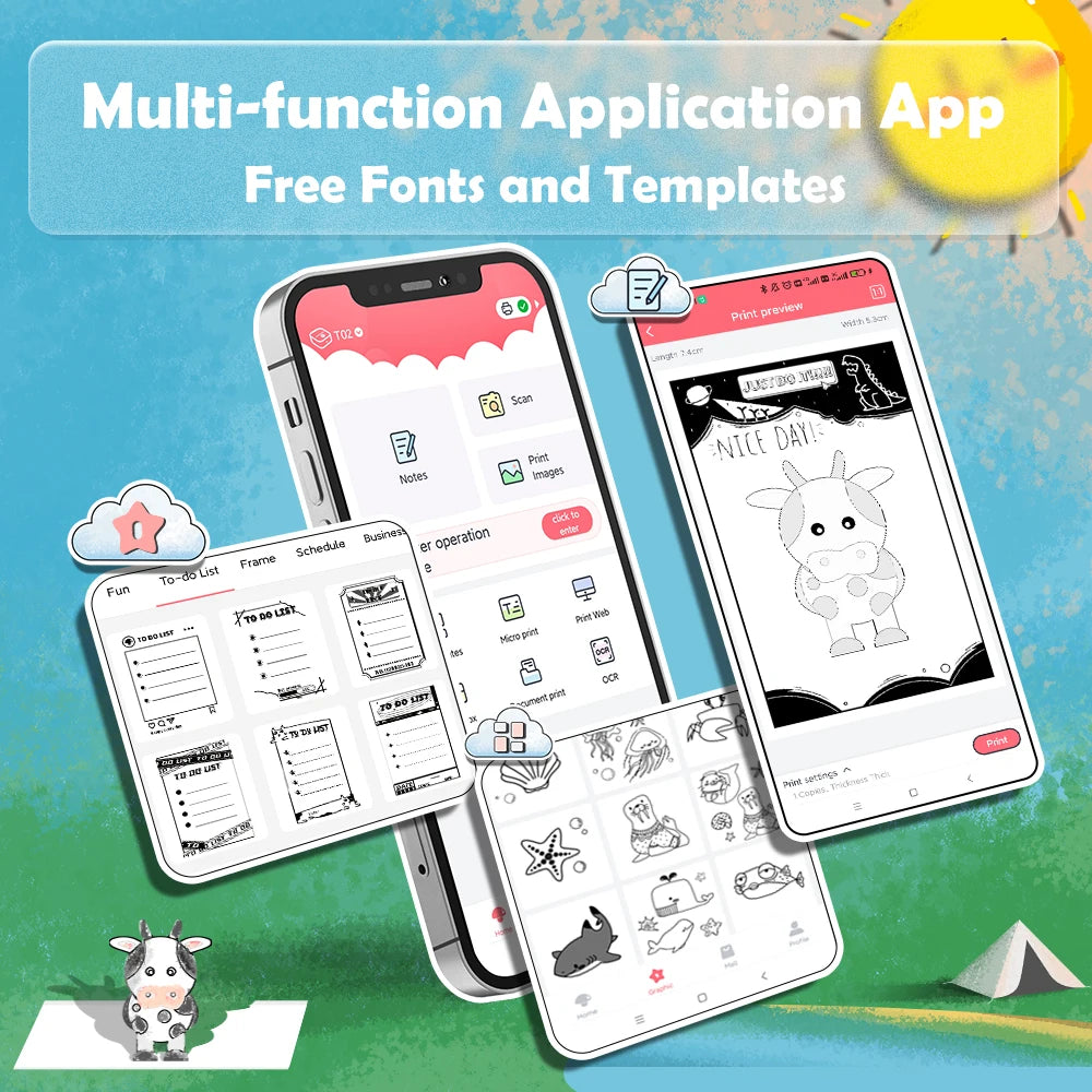 Multi-function application app with free fonts and templates on smartphone screens.