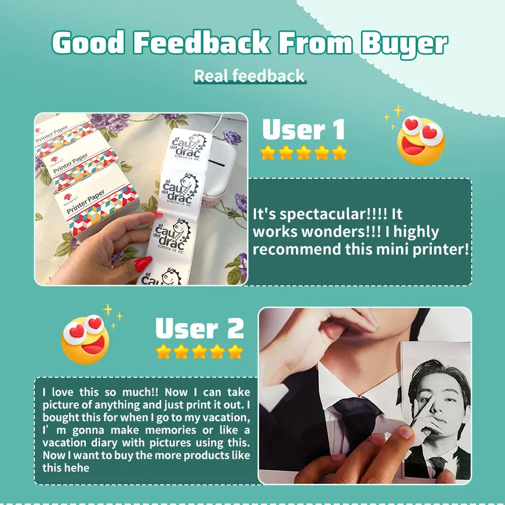 Feedback from users about a phomemo mini printer with images and text on a teal background