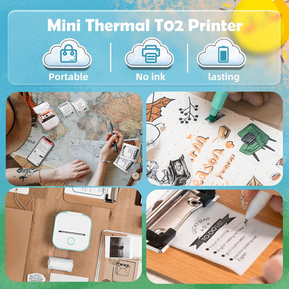 Mini thermal TO2 printer with features highlighted on a blue and green gradient background.