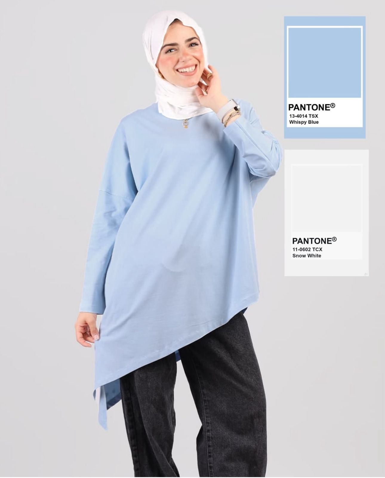 Woman wearing a light blue sweater