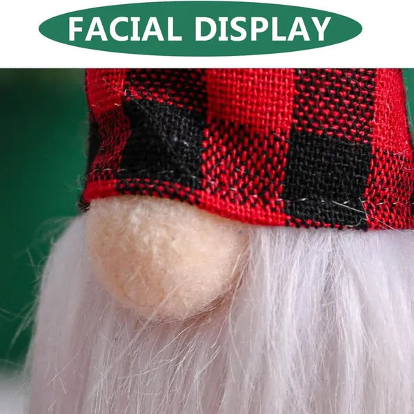 Close-up of a gnome with a red and black checkered hat and white beard against a green background.